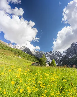 Lonely traditional group of huts in a wild alpine valley, Val d Arigna, Orobie, Valtellina, Lombardy, Italy, Europe
