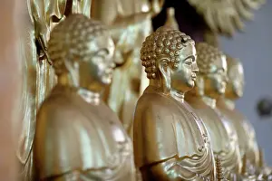 Altar Prints: Long Duc Buddhist temple, Golden Buddha statues on altar