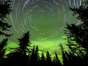 Silhouetted Gallery: Long exposure astrophotography showing the stars and the northern lights in Denali National Park