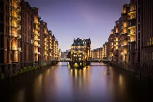 A long exposure blue hour shot of the Speicherstadt warehouse district in Hamburg