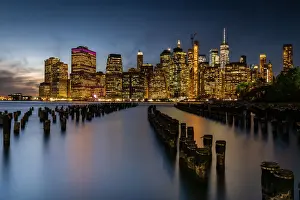Brooklyn Prints: Long exposure of the lights of Lower Manhattan during the evening blue hour as seen
