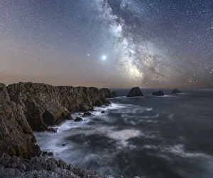 Spiral Galaxy Prints: Long exposure of the Milky Way above the cape of Pen Hir, Brittany, France, Europe