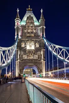 Long exposure of traffic over Tower Bridge at dusk, London, England, United Kingdom, Europe