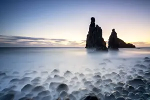 Long exposure of waves crashing on Ilheus da Rib and Ribeira da Janela rock formations