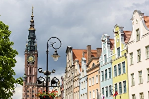 Lamp Post Prints: The Long Market, Dlugi Targ, with town hall clock, Gdansk, Poland, Europe