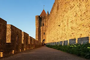 Fortifications Prints: Long Stone Walkway Beside Fortress Walls in Carcassonne, France