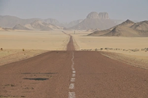 Algeria Prints: Long straight road in the Sahara Desert, Algeria, North Africa, Africa