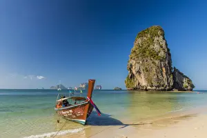 Thai Culture Prints: Long tail boat on Phra Nang Cave Beach on Railay in Ao Nang, Krabi Province, Thailand