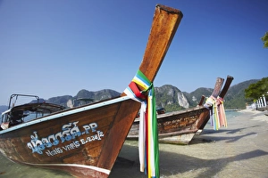 Wooden Boat Prints: Long tail boats on Ao Ton Sai Beach, Ko Phi Phi Don, Krabi Province, Thailand