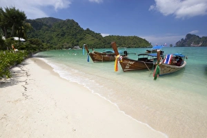 Long-tail boats and beach of Ao Dalam bay, Koh Phi Phi, Krabi Province, Thailand, Southeast Asia, Asia