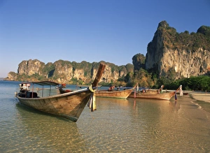 Longtail Boat Prints: Long tail boats moored at Railay Beach