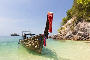 Thai Culture Prints: Longtail boat and limestone cliffs, Koh Pakbia, Koh Hong Islands, Ao Nang, Krabi