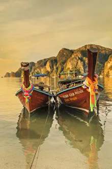 Longtail Boat Prints: Longtail boats at sunrise, Ko Phi Khi Don Island, Krabi, Thailand, Southeast Asia, Asia
