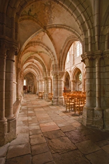 Looking down an aisle in the church of Notre Dame, Saint Pere, Yonne, Burgundy, France, Europe
