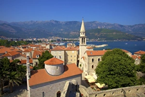 Dayime Prints: Looking over Budva Old Town to Beach, Budva, Montenegro, Europe