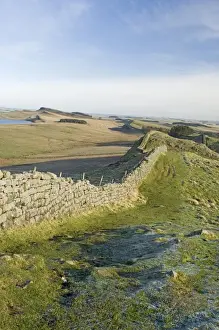 Hadrian Prints: Looking east at Holbank Crags showing course of wall to Sewingshields Crag
