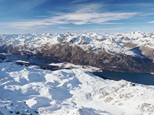 Wintry Prints: Looking down into the Engadine Valley from Corvatsch, Graubunden, Switzerland, Europe