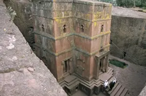 Looking down on entrance of Biet Giorgis, rock cut Christian church, Lalibela