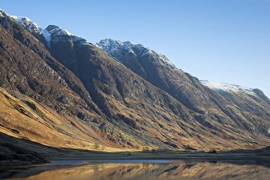 Looking up Glen Coe at Loch Achtriochtan, with the Eagach Ridge of mountains