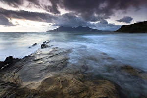 Images Dated 6th November 2008: Looking towards Isle of Rum at twilight from rocks at Singing Sands (Camas Sgiotaig)