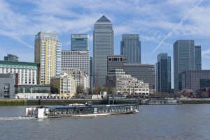 Docklands Prints: Looking across the River Thames from Rotherhithe towards Canary Wharf, Isle of Dogs
