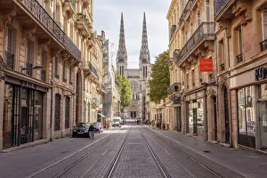 Bell Tower Prints: Looking down rue Vital Carles to Saint Andre cathedral in Bordeaux, Aquitaine, France