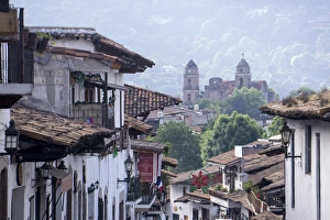 Traditionally Mexican Prints: Looking down on town centre, Valle de Bravo, Mexico, North America