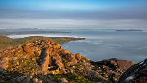 Elgol Prints: Looking down on the village of Elgol and the Isle of Eigg from the summit of Sgurr na