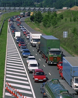 Traffic Jam Prints: Lorries, vans and cars in a traffic jam on a road in England, United Kingdom, Europe