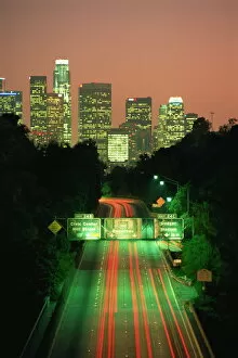 Los Angeles skyline and freeway, illuminated at night, California, United States of America