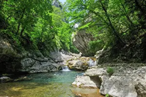 Gorges Prints: Loup River flows through gorges surrounded by green trees in the Alpes-Maritimes area of southeast France