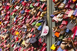 Cologne Prints: Love locks on the railway bridge in Cologne, North Rhine-Westphalia, Germany, Europe
