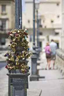Love safety locks, Sant Oronzo Square, Lecce, Lecce province, Puglia, Italy, Europe