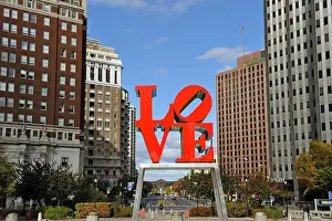 Sidewalk Prints: Love sculpture by American Pop Art artist Robert Indiana in JFK Plaza