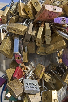 Safety Prints: Love security locks, Sant Oronzo Square, Lecce, Lecce province, Puglia, Italy, Europe