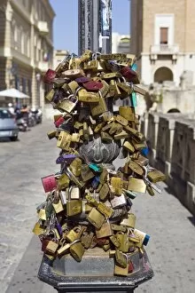 Love security locks, Sant Oronzo square, Lecce, Lecce province, Puglia, Italy, Europe