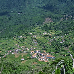 Flores Prints: Low aerial landscape of houses and fields on the island