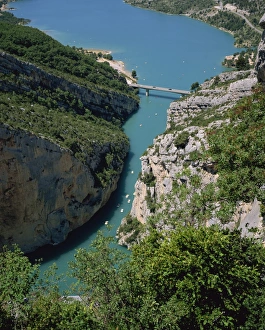Low aerial view of the Grand Canyon du Verdon and bridge, in the Alpes de Haute Provence