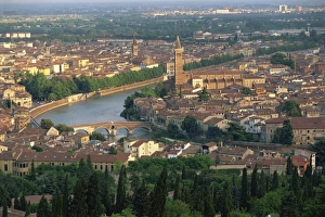 River Adige Prints: Low aerial view over the town of Verona and the River Adige