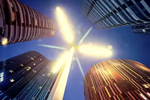 Lamp Post Prints: Low angle composition with LED lamp post and futuristic architecture at Sanlitun SOHO at night