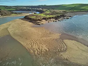 Banks Prints: A low tide aerial drone view of the sandy shore and sand banks in the estuary of the River Avon