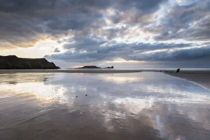 Gower Prints: Low tide, sunset, Rhossilli Bay, Gower, South Wales, United Kingdom, Europe