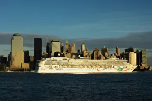 Cruise Prints: Lower Manhattan skyline and cruise ship across the Hudson River