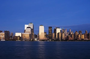 Hudson River Prints: Lower Manhattan skyline at dusk across the Hudson River