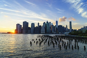 East River Prints: Lower Manhattan skyline at sunset