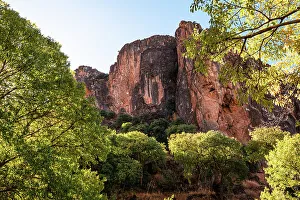 Relax Prints: Lush trees and red rock cliffs at Los Cahorros Monachil