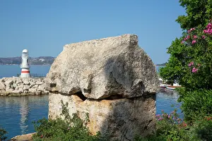 Sights Prints: Lycian Sarcophogus (foreground), Kas Marina Lighthouse, Kas, Antalya, Turkey