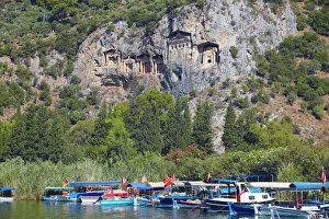 Asia Minor Prints: Lycian tombs of Dalyan with fishing and tourists boats below