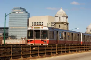 Boston Prints: M. B. T. A. (T train) crossing Longfellow Bridge