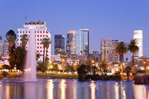 Water Fountain Prints: MacArthur Park Lake and city skyline, Los Angeles, California, United States of America